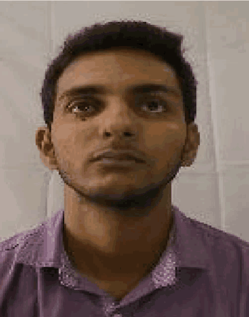 a young man with a beard is wearing a purple shirt .