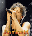 a man is singing into a microphone with the name jasmine written on the bottom