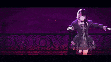a girl with purple hair is standing in front of a purple light