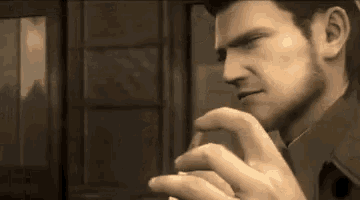 a man is smoking a cigarette in a video game while standing in front of a window .
