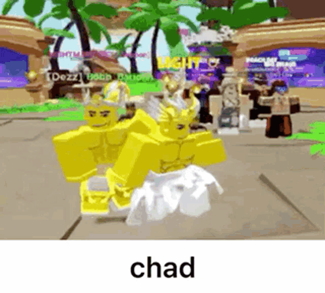 a group of cartoon characters are standing next to each other in a video game and the word chad is on the bottom .
