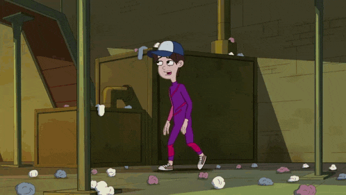a cartoon character in a purple outfit is standing in front of a wall