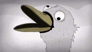 a cartoon duck with a big beak is looking at the camera