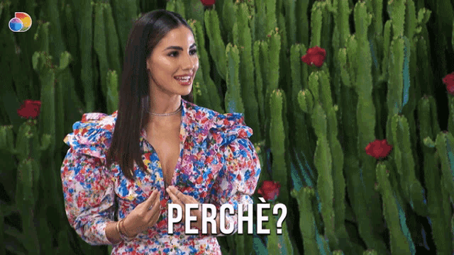 a woman in a floral dress says perche in front of a cactus plant
