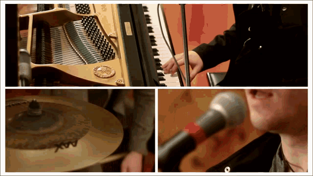 a collage of images shows a man playing a piano a cymbal and a man singing into a microphone