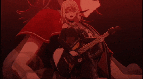 a girl is playing a guitar in a red background
