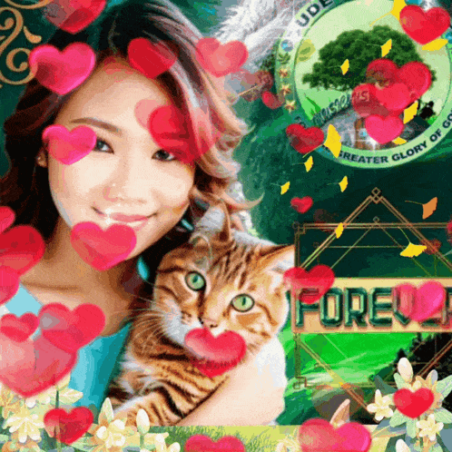 a woman holding a cat in front of a sign that says foreve