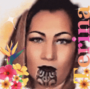 a close up of a woman 's face with flowers and the word terina on the bottom