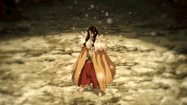 a man in a fur coat is standing on a dirt ground
