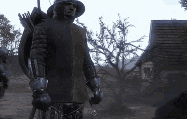 a knight with a bow and arrow on his back stands in a field