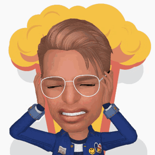 a cartoon of a man with glasses covering his ears with his hands
