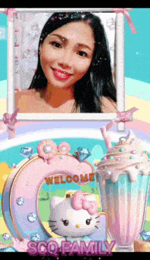 a picture of a woman with a hello kitty and the words welcome sco family