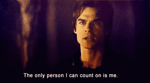 a close up of a man 's face with the words " the only person i can count on is me "