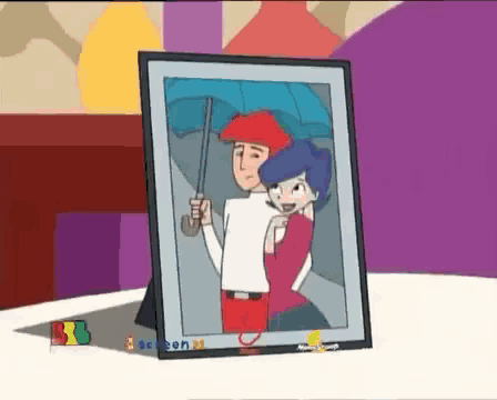 a picture of a man and a woman holding an umbrella is displayed