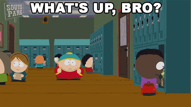 a cartoon of south park characters standing in a hallway