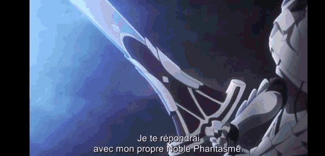 a man is holding a sword and says je te répondrai avec mon propre noble phantasme .
