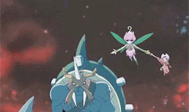 a cartoon character with wings and a flower on her head