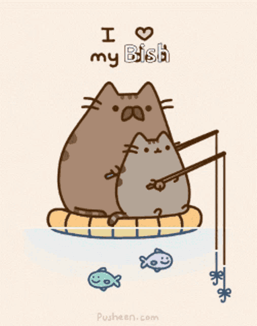 a cartoon of two cats fishing with the words " i love my fish " on the bottom