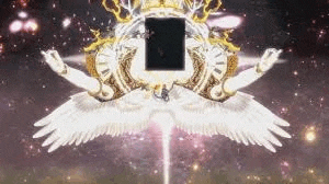 a person with wings is holding a book in their hands in a galaxy .
