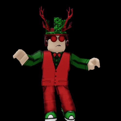 a roblox character wearing a green hat and red vest