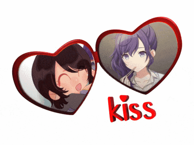 a picture of two anime girls in heart shaped frames with the word kiss below them