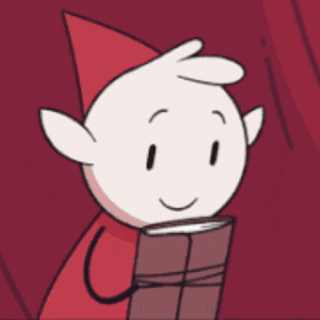 a cartoon character is reading a book and has a t on his face