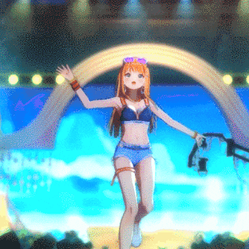 a girl in a bikini and shorts is dancing on stage