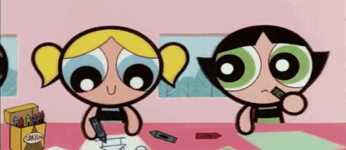 buttercup and bubbles from the powerpuff girls are sitting at a table