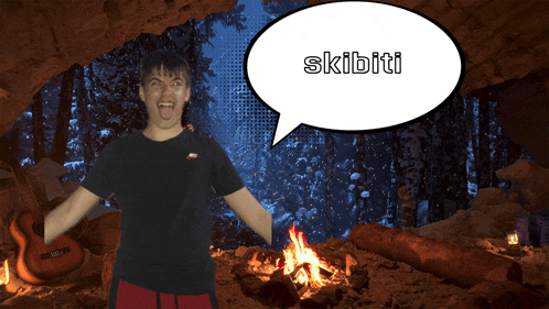 a man in a cave with a speech bubble that says skibitti