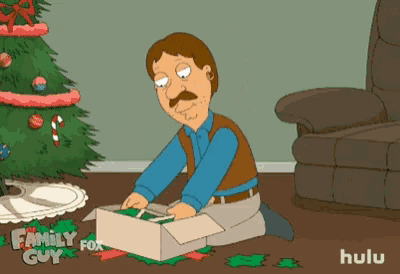 a cartoon of a man kneeling in front of a christmas tree with the words family guy hulu on the bottom