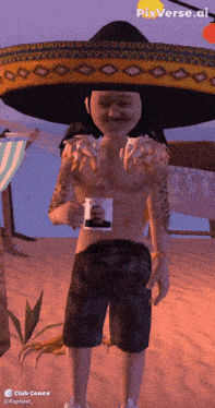 a man wearing a sombrero and shorts is holding a mug