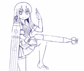 a black and white drawing of a girl kicking a missile ..
