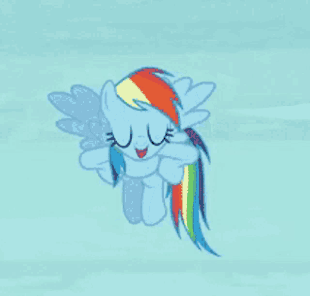 a cartoon pony with a rainbow mane and tail is flying in the air
