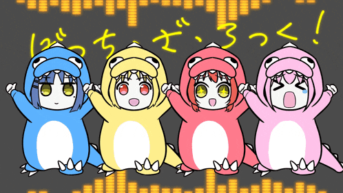a drawing of four girls dressed in dinosaur costumes with chinese writing behind them