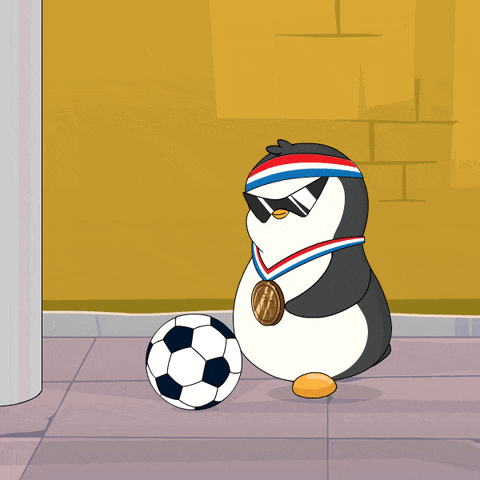 a cartoon of a penguin wearing sunglasses and a medal playing with a soccer ball