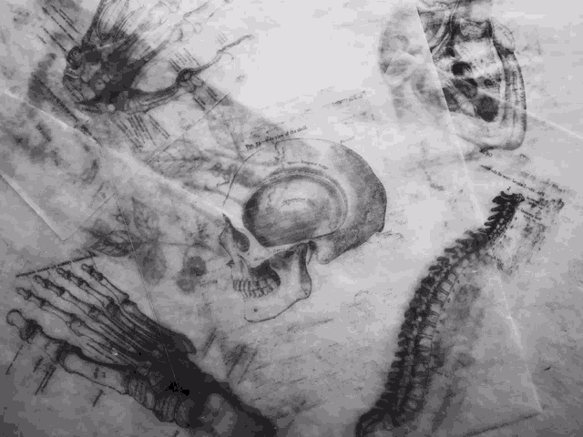 a black and white drawing of a skull and spine with the word skeleton visible