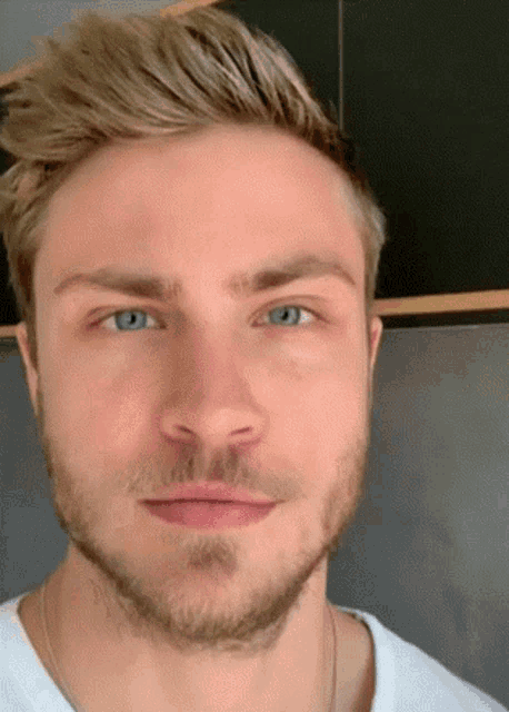 a close up of a man 's face with a beard