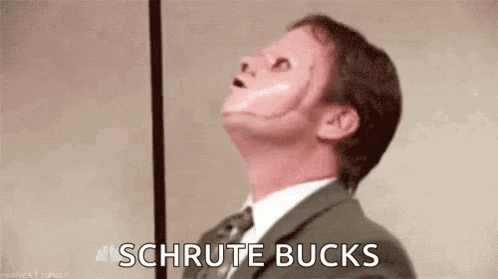 a man in a suit and tie with a scar on his face is looking up and saying schrute bucks .