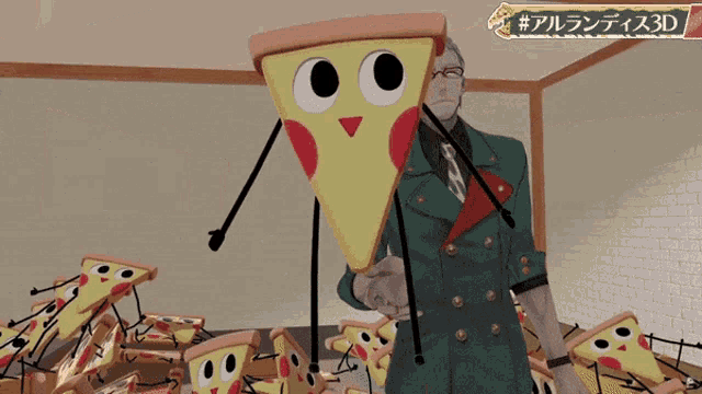 a man with a slice of pizza on his head is surrounded by boxes of pizza