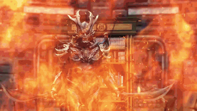 a demon with horns is surrounded by fire