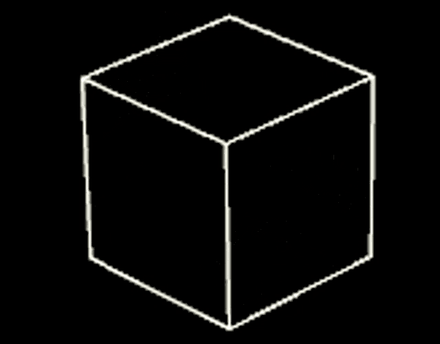 a white line drawing of a cube surrounded by triangles on a black background .