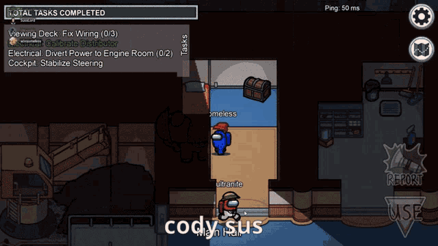 among us game that says cody sus on the bottom right