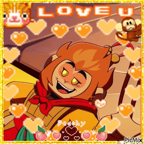 a pixel art of a monkey surrounded by hearts and the words love u
