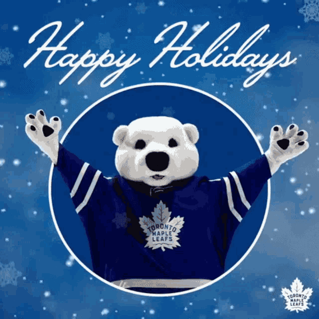 a mascot for the toronto maple leafs is wearing a blue jersey