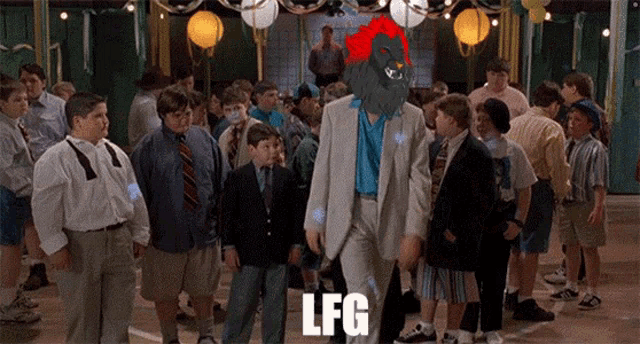 a group of kids are standing around a man in a suit and the word lfg is on the bottom right
