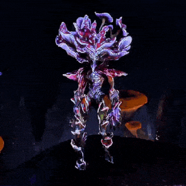 a creature with a purple and white head is standing on a rock