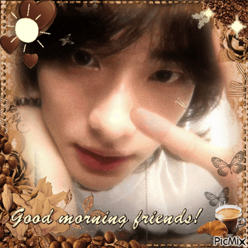 a picture of a man with the words good morning friends written on it