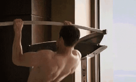 a shirtless man is doing pull ups on a bar in front of a window .