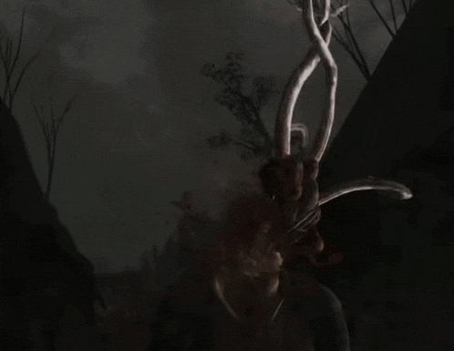 a drawing of a monster with long horns in a dark area
