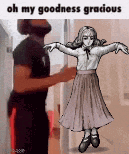 a man is standing in front of a drawing of a girl in a dress .